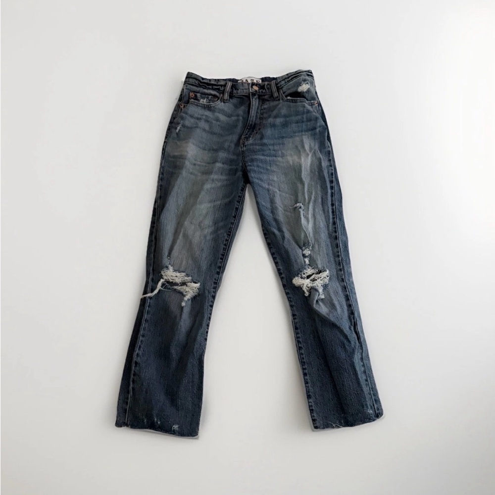 Daze‎ Denim High Rise Straight Leg Jeans Medium Wash Raw Hem Size 27